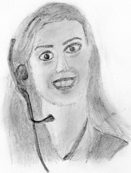 Bleistiftzeichnung einer psychotisch dreinblickenden Frau mit Headset